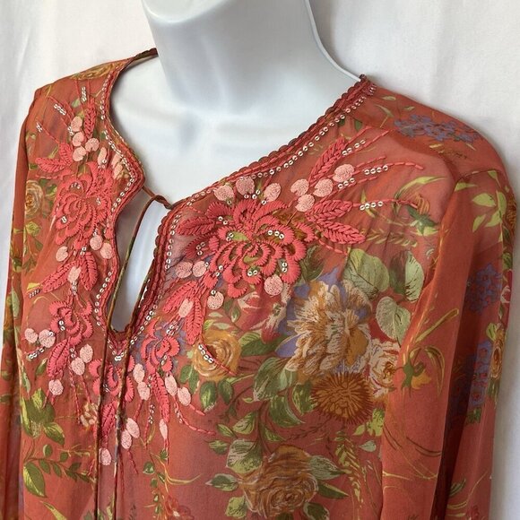 CAbi Womens 100% Silk Floral Embroidered Tunic Top S Coral Pink Sheer Boho Flowy - Picture 9 of 16